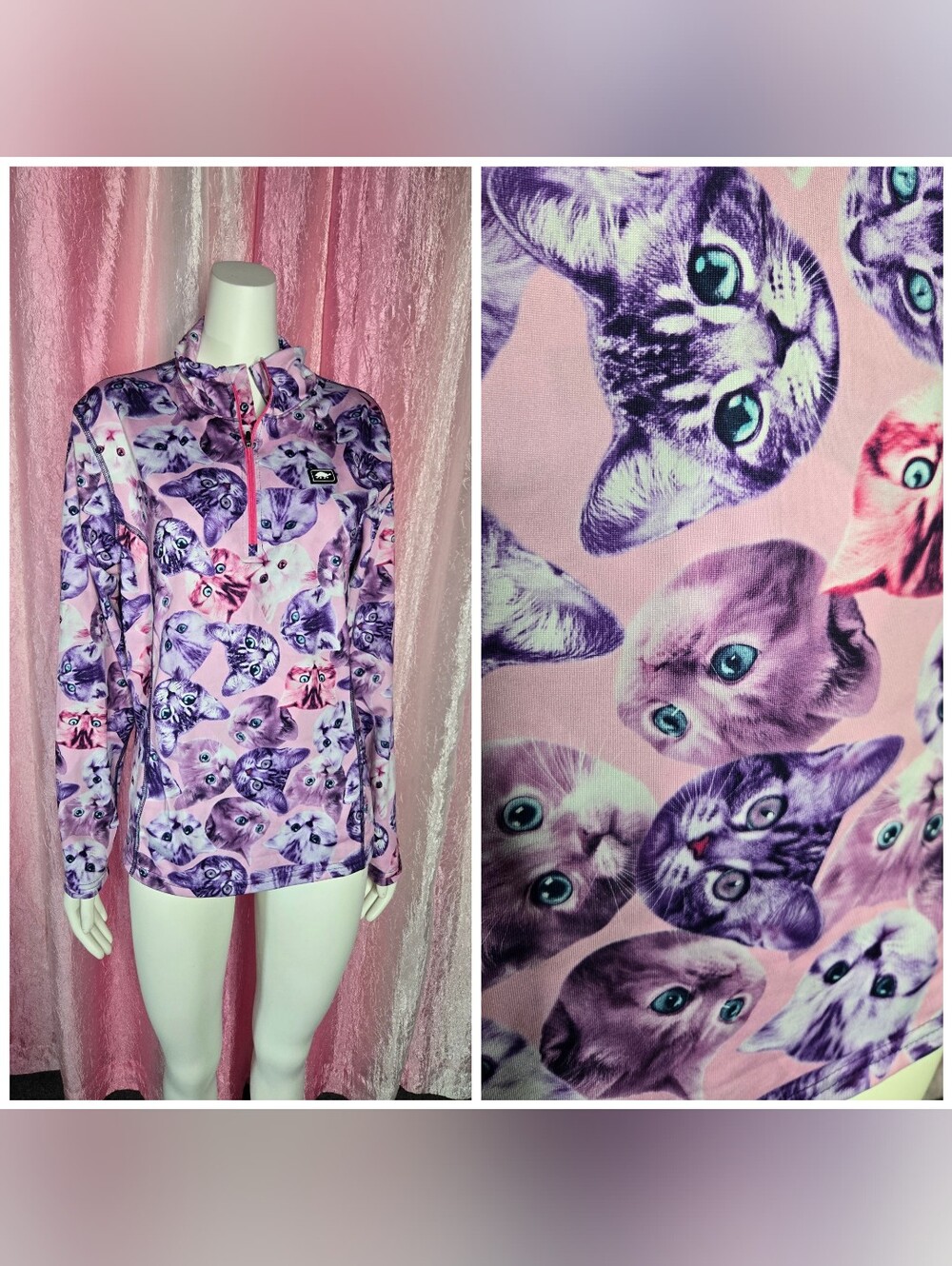 Turtle Fur Cat Kitten Pet Lover Half Zip Long Sleeve Pullover Size Large RARE